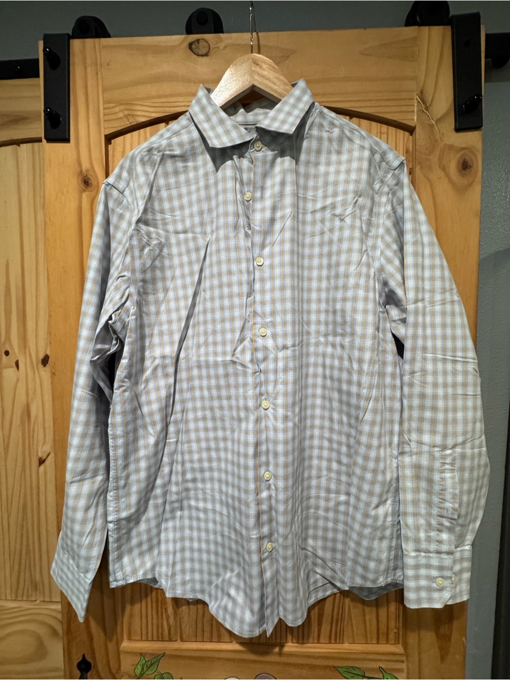 Banana Republic Men's Light Gray and White Checked Dress Shirt Slim Fit